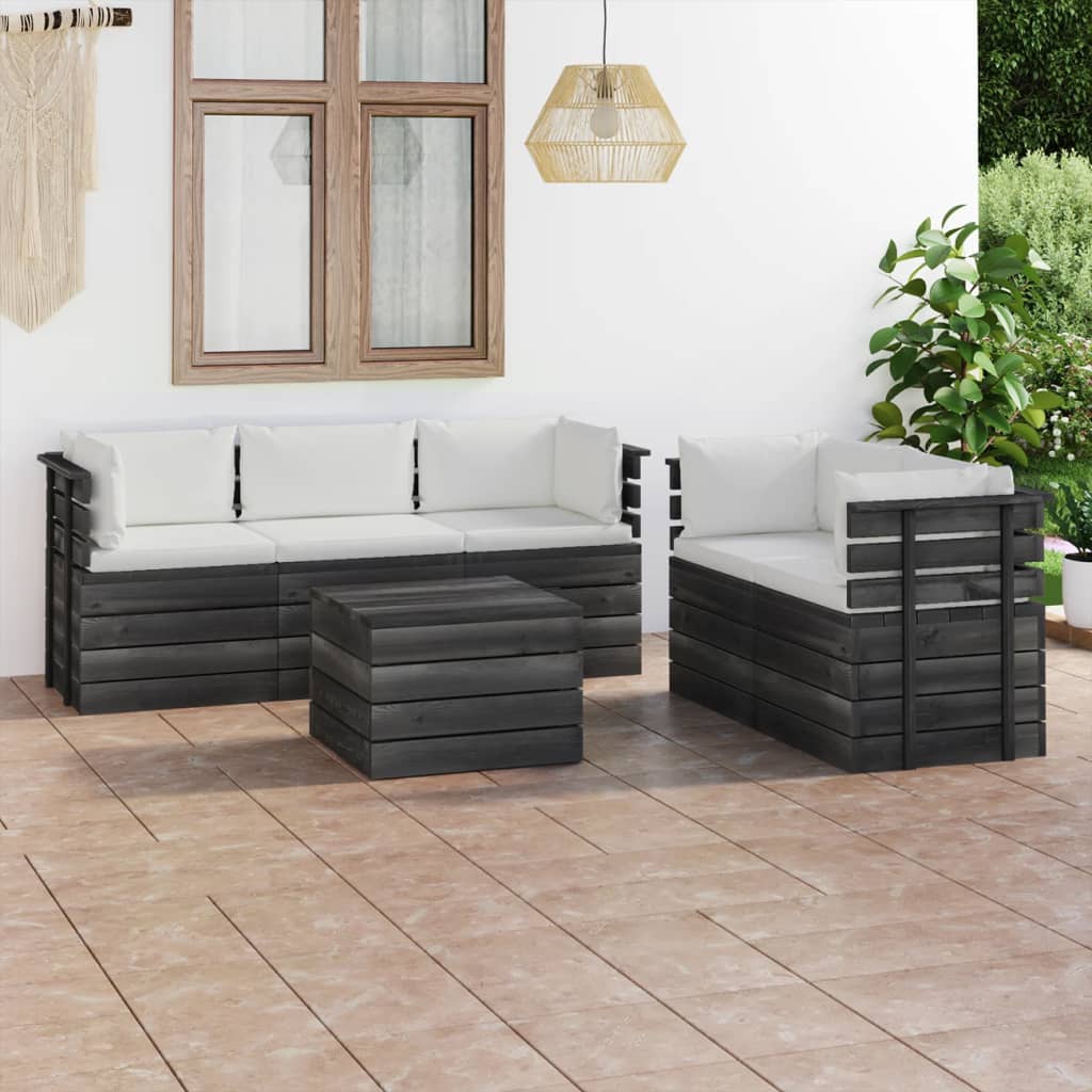 6-delige Loungeset met kussens pallet massief grenenhout