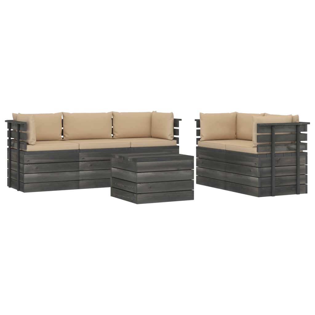 6-delige Loungeset met kussens pallet massief grenenhout