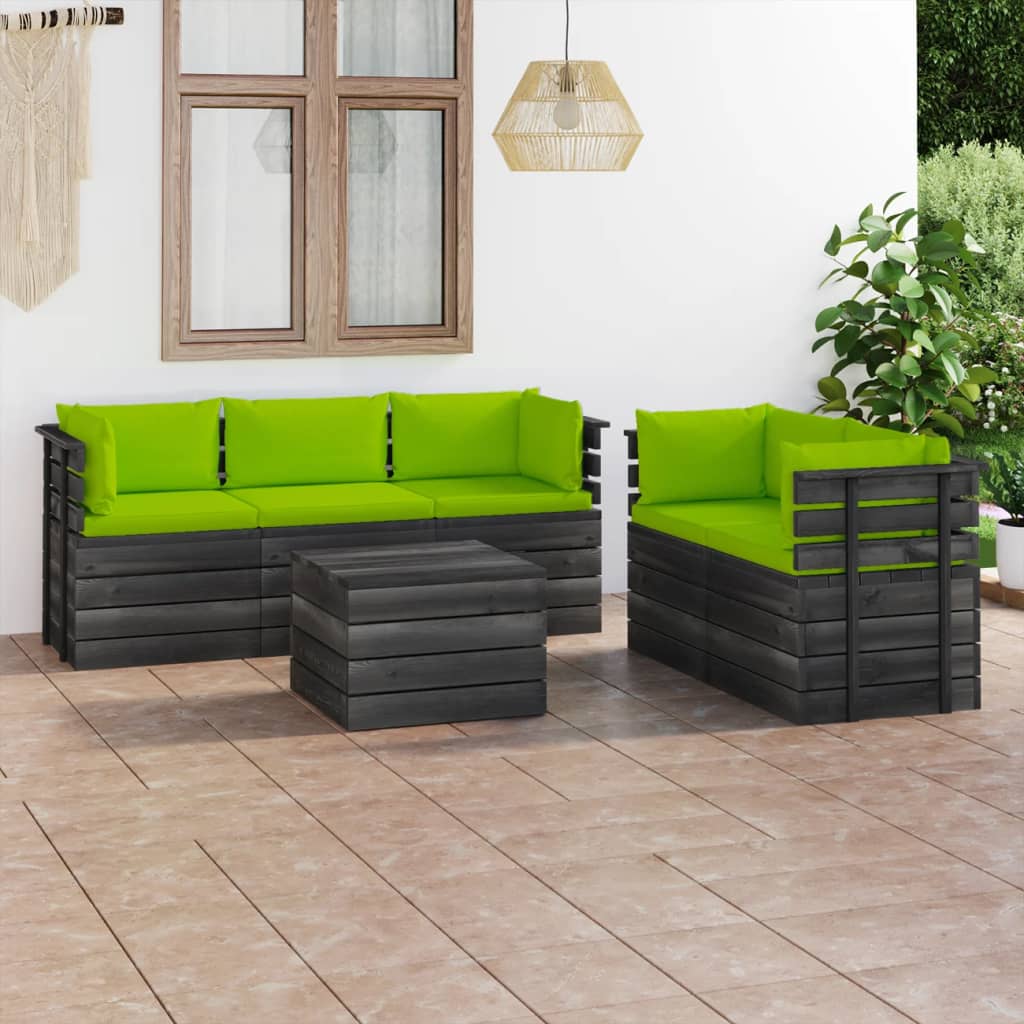 6-delige Loungeset met kussens pallet massief grenenhout