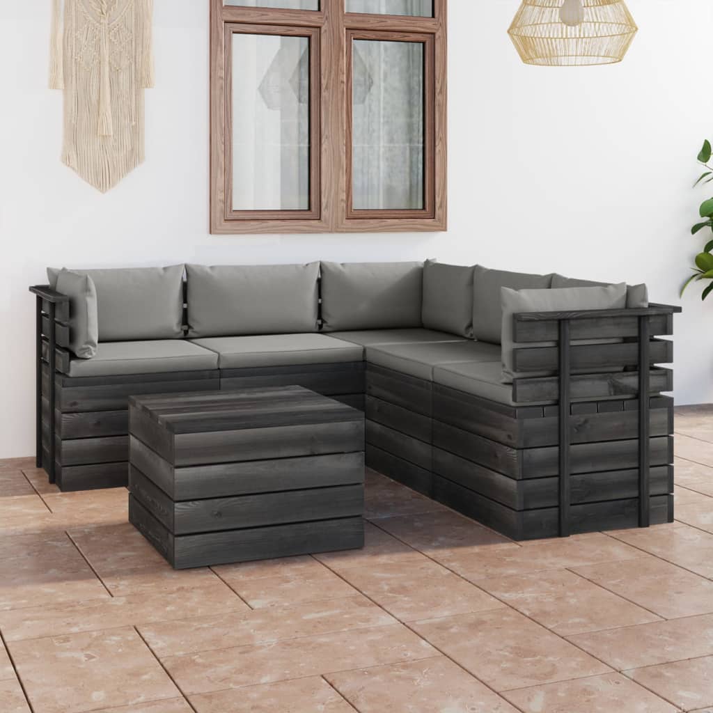 6-delige Loungeset met kussens pallet massief grenenhout