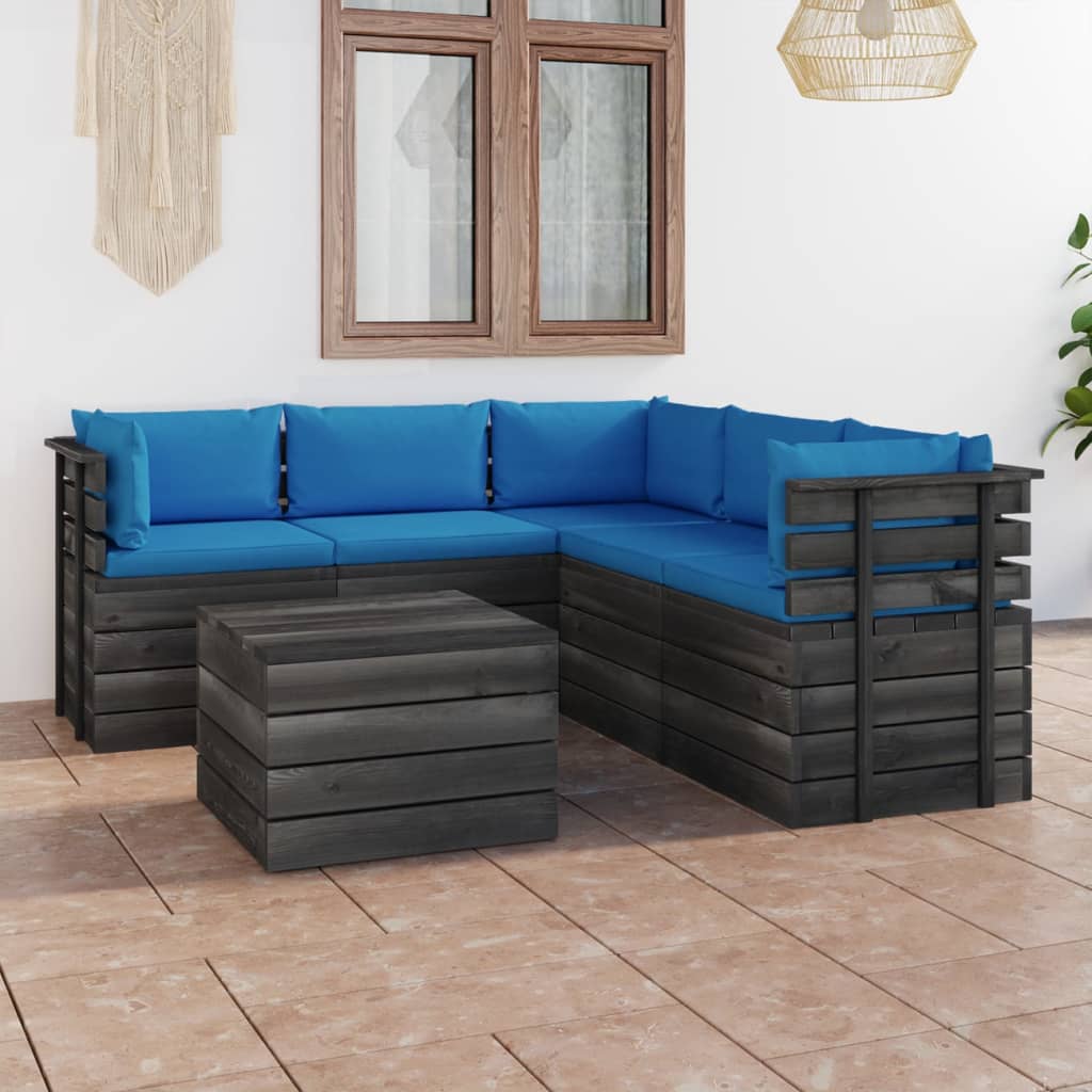 6-delige Loungeset met kussens pallet massief grenenhout