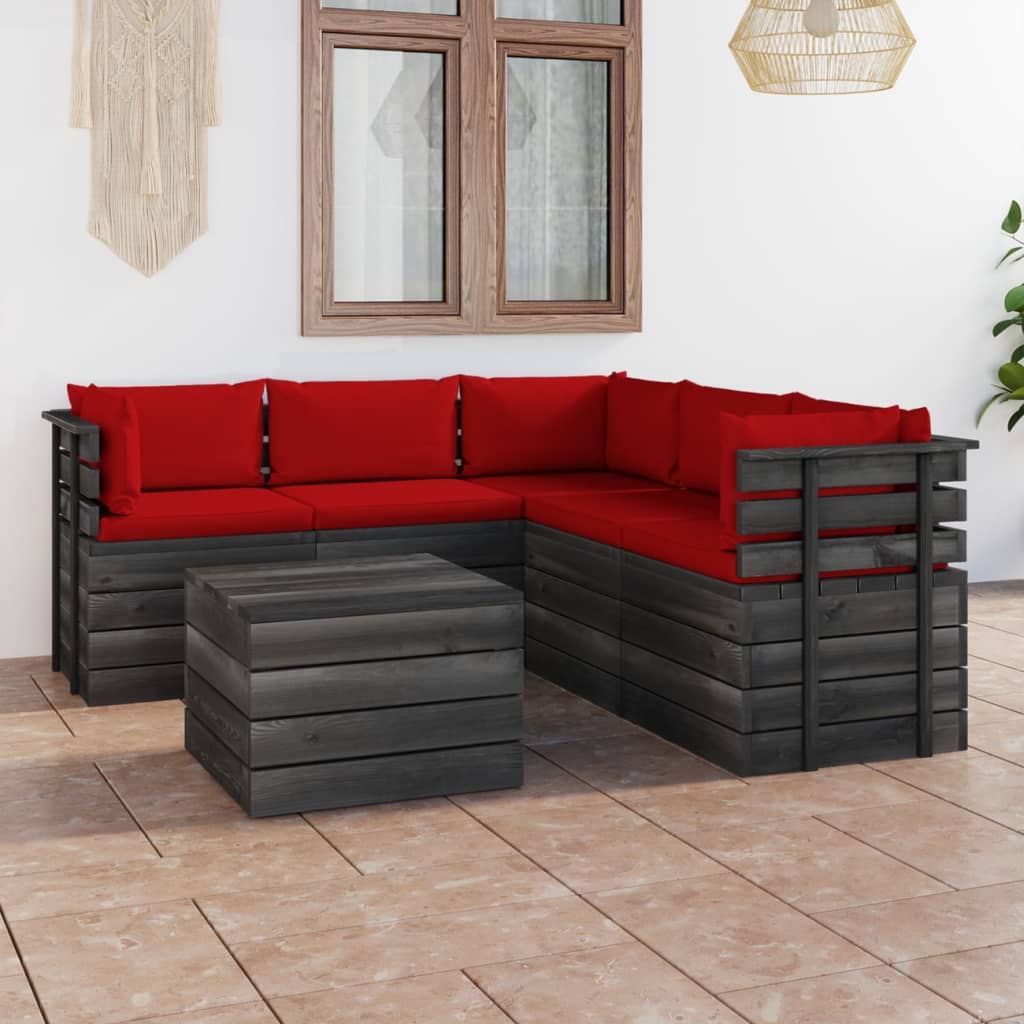 6-delige Loungeset met kussens pallet massief grenenhout