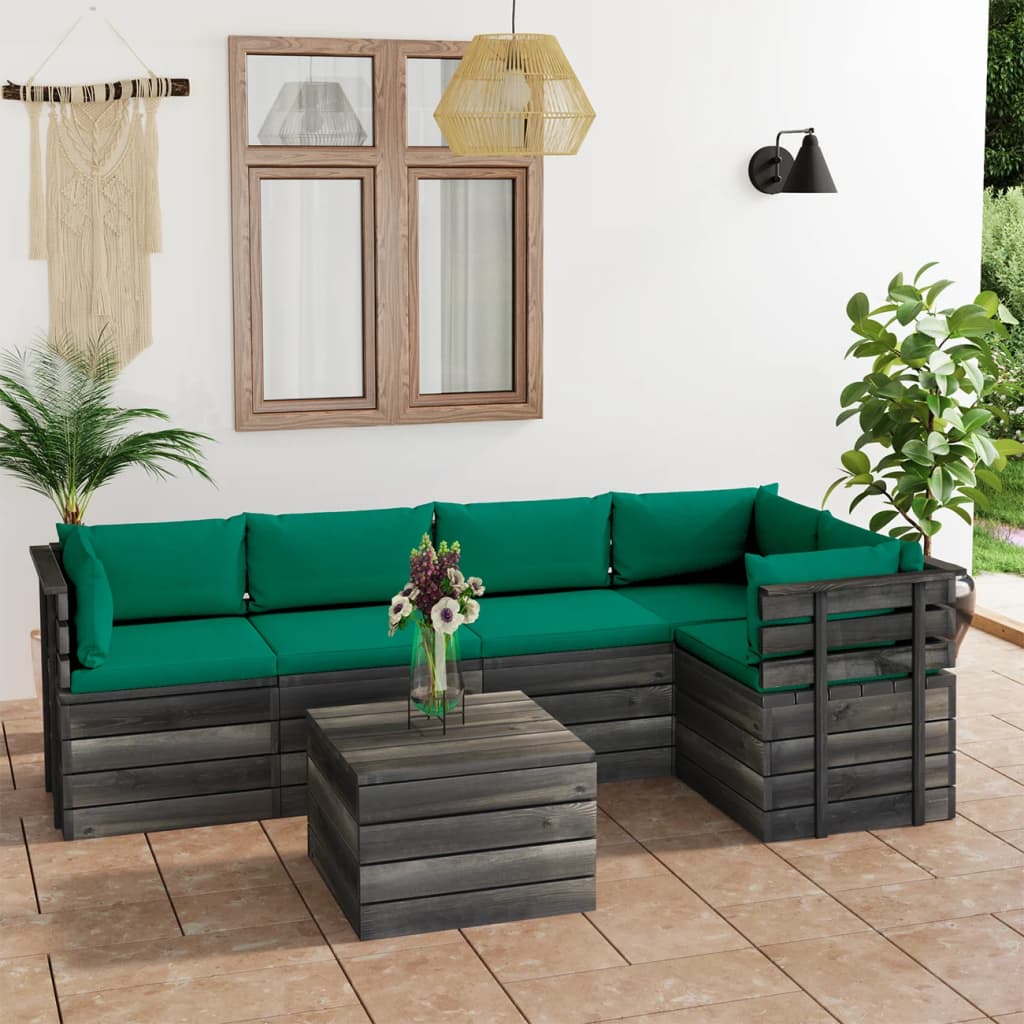 6-delige Loungeset met kussens pallet massief grenenhout