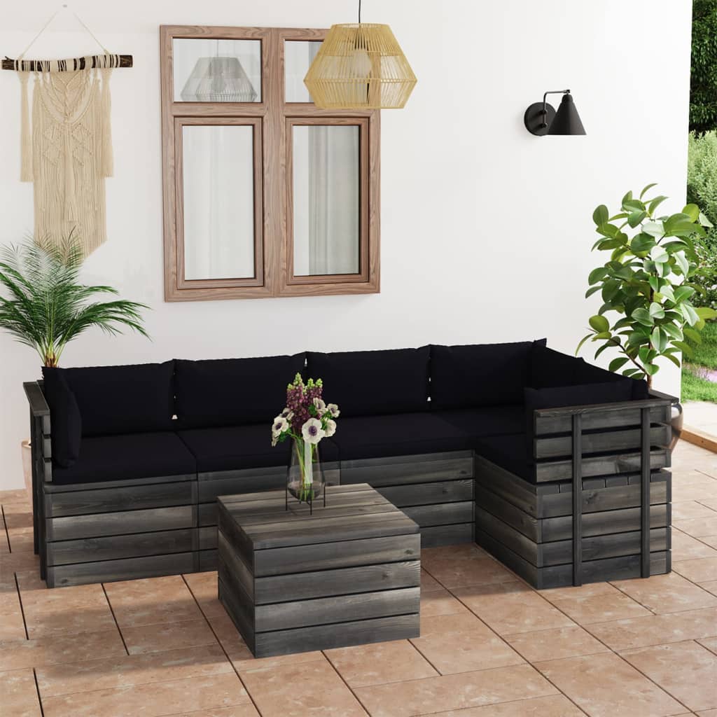 6-delige Loungeset met kussens pallet massief grenenhout