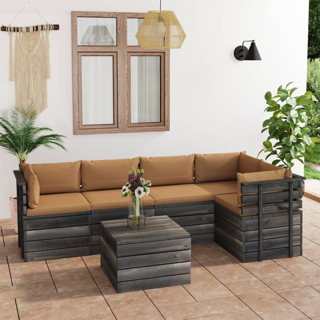 6-delige Loungeset met kussens pallet massief grenenhout