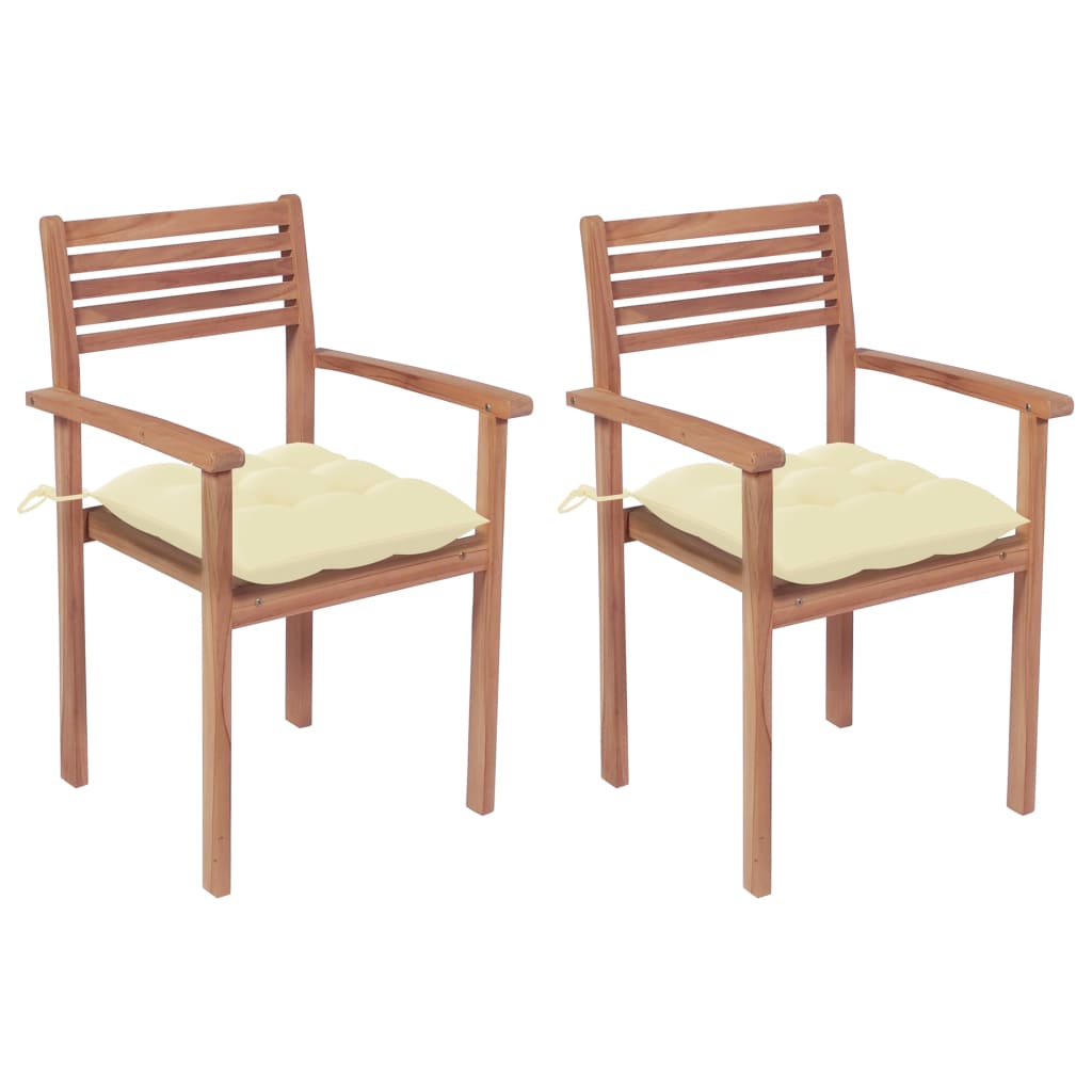 Chaises de jardin 2 pcs avec coussins blanc crème en bois de teck massif