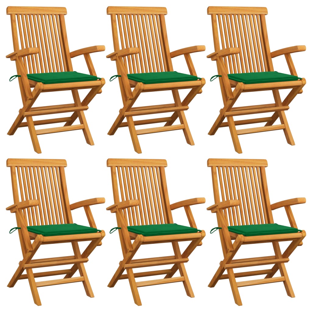 Chaises de jardin 4 pcs avec coussins verts en bois de teck massif