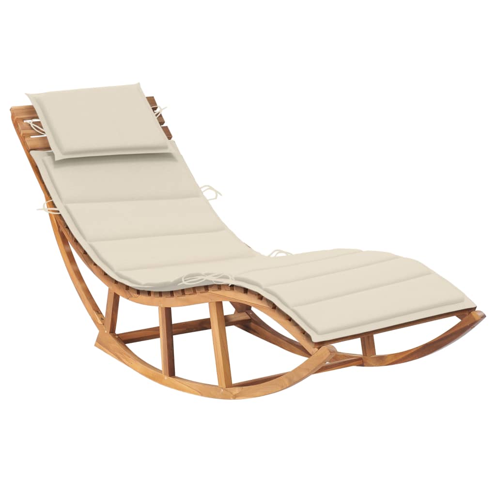 Chaise longue à bascule avec coussin en teck massif