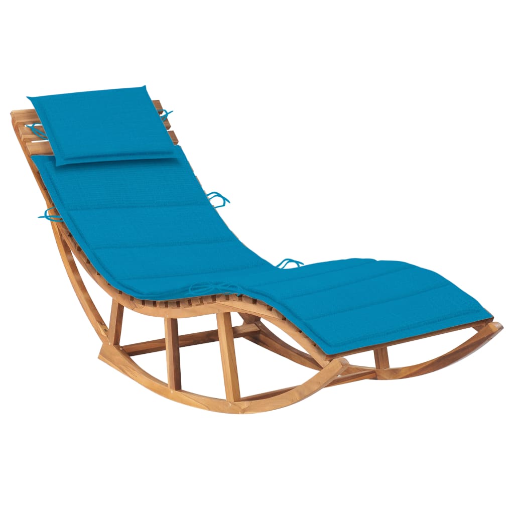 Chaise longue à bascule avec coussin en teck massif