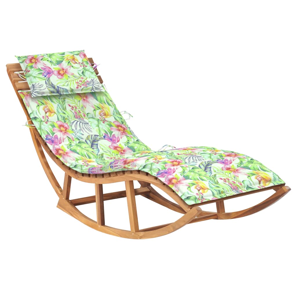 Chaise longue à bascule avec coussin en teck massif