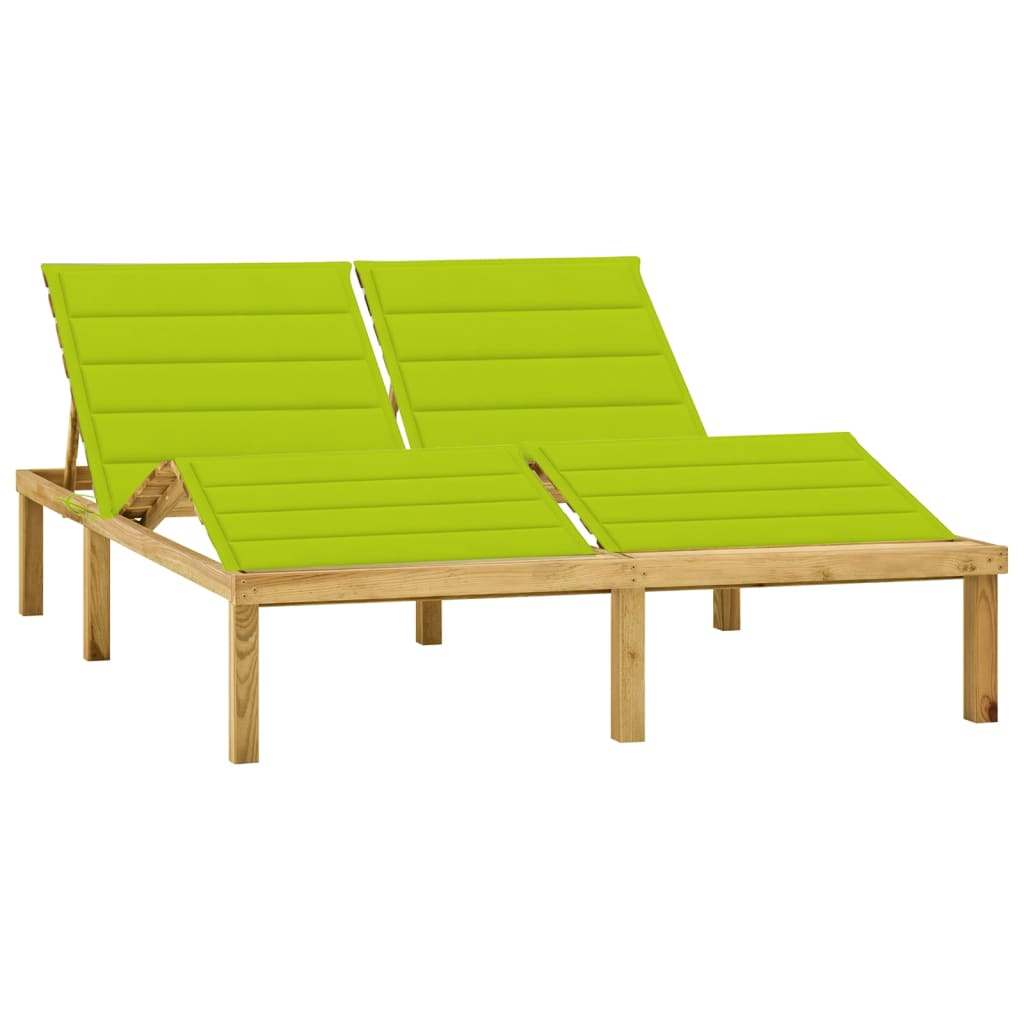 Chaise longue double avec coussins bleus en bois de pin imprégné