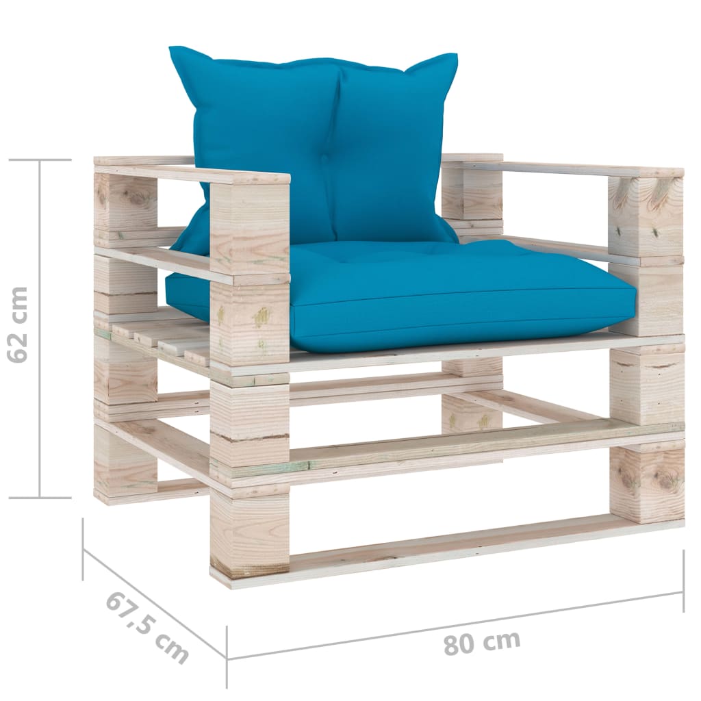 Banc de jardin avec coussins bleus, bois de pin palette