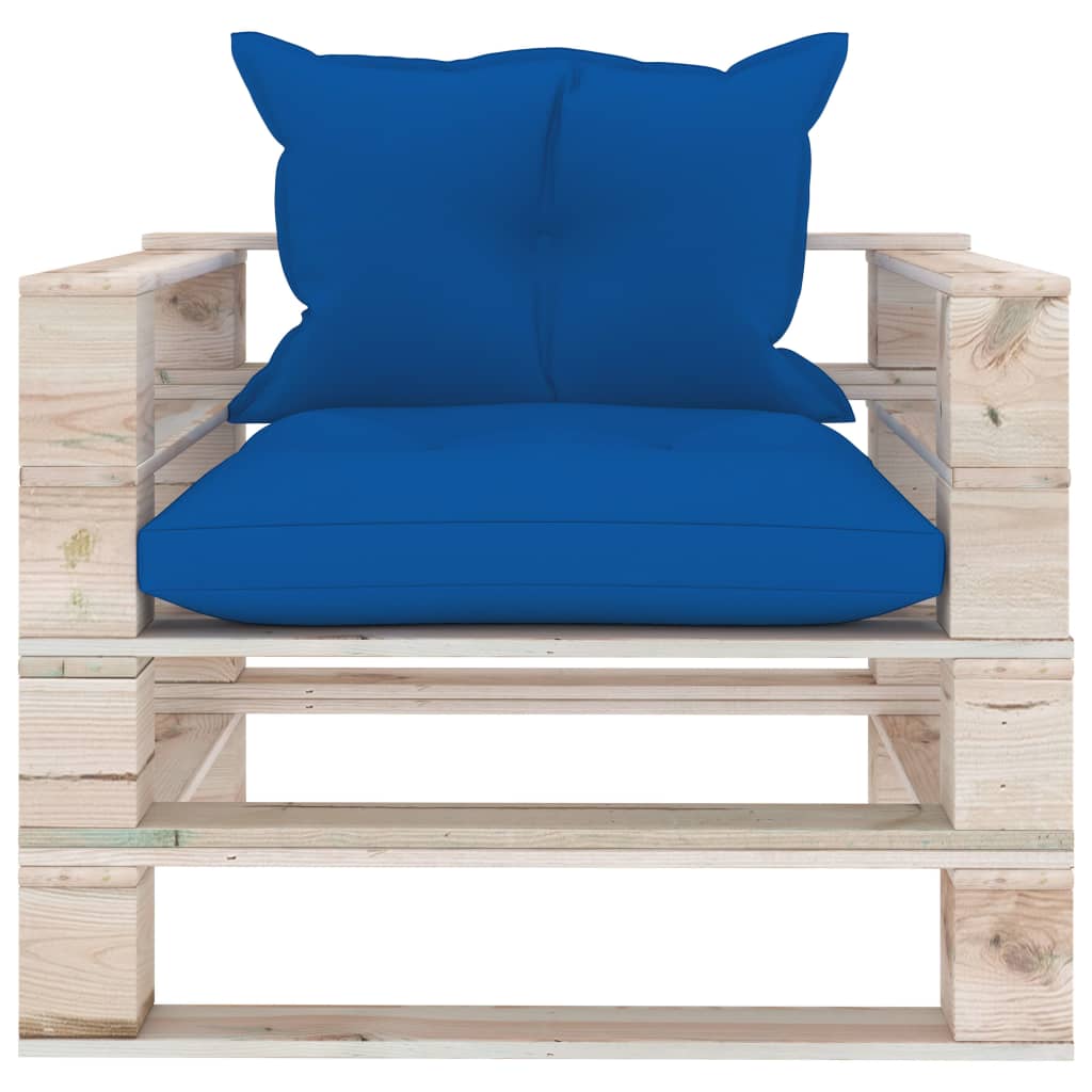 Banc de jardin avec coussins bleus, bois de pin palette