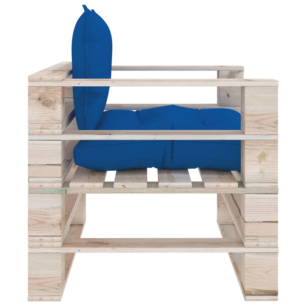 Banc de jardin avec coussins bleus, bois de pin palette