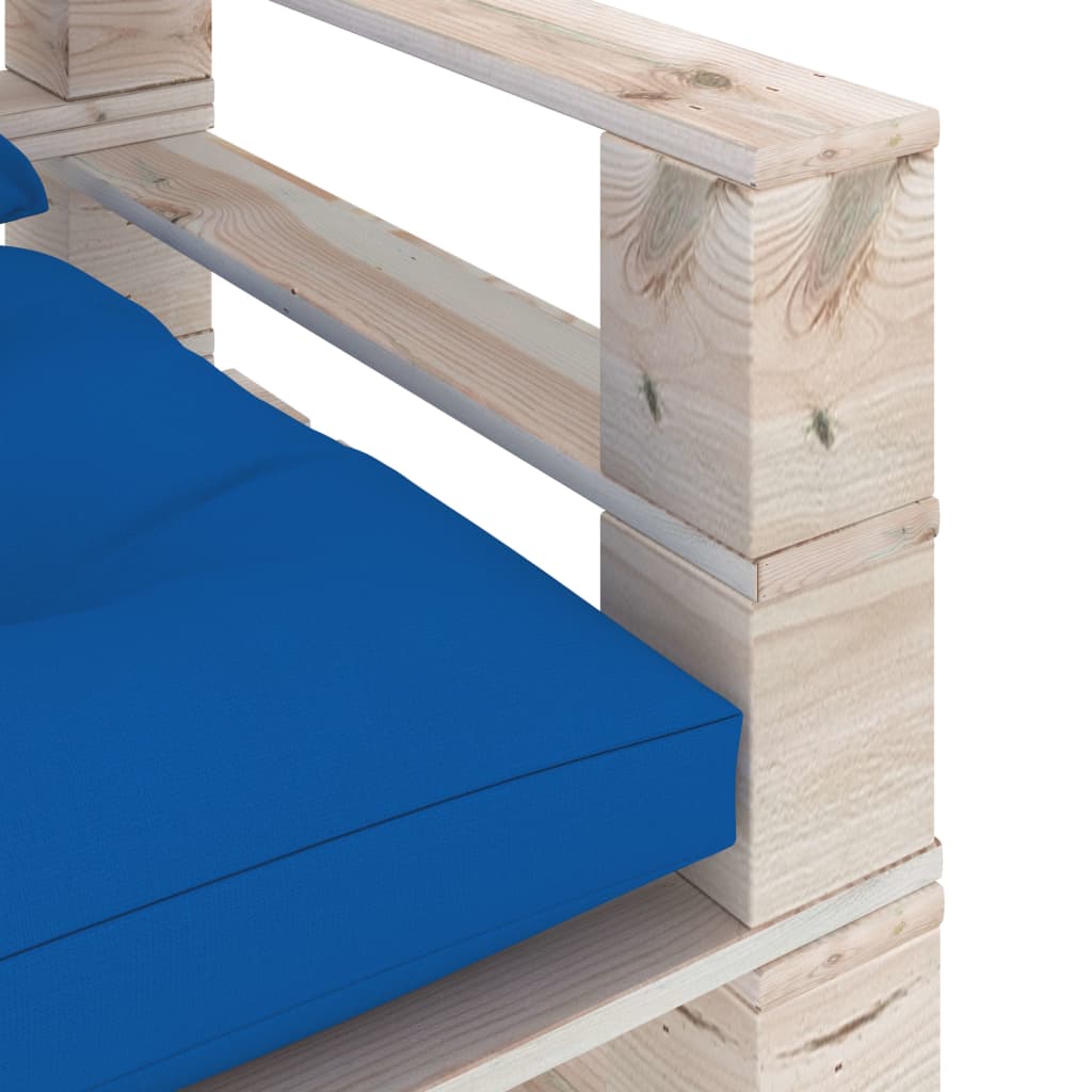 Banc de jardin avec coussins bleus, bois de pin palette