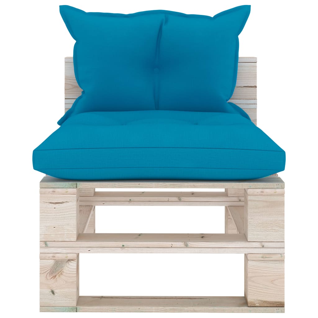 Banc de jardin avec coussins bleus, bois de pin palette