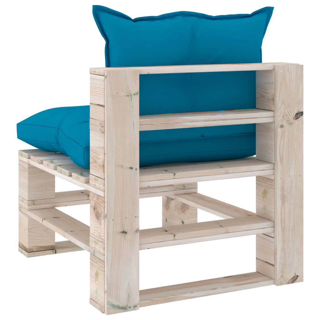 Banc de jardin avec coussins bleus, bois de pin palette