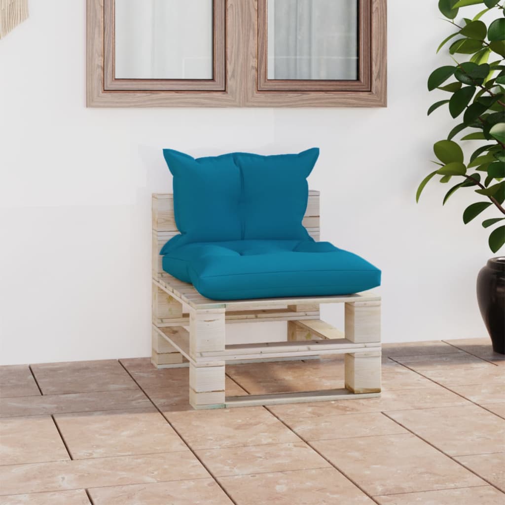 Banc de jardin avec coussins bleus, bois de pin palette