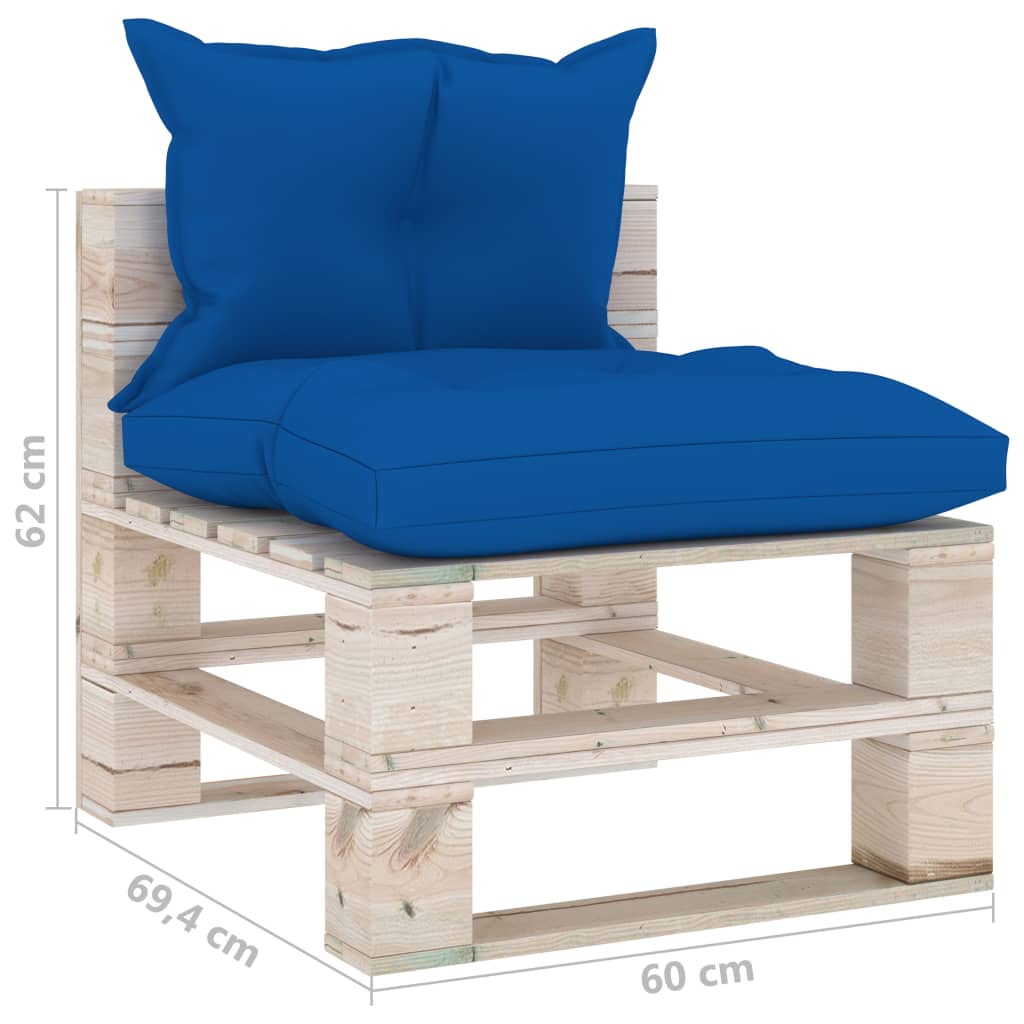 Tuinbank met blauwe kussens pallet grenenhout