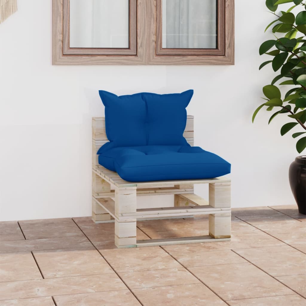 Banc de jardin avec coussins bleus, bois de pin palette