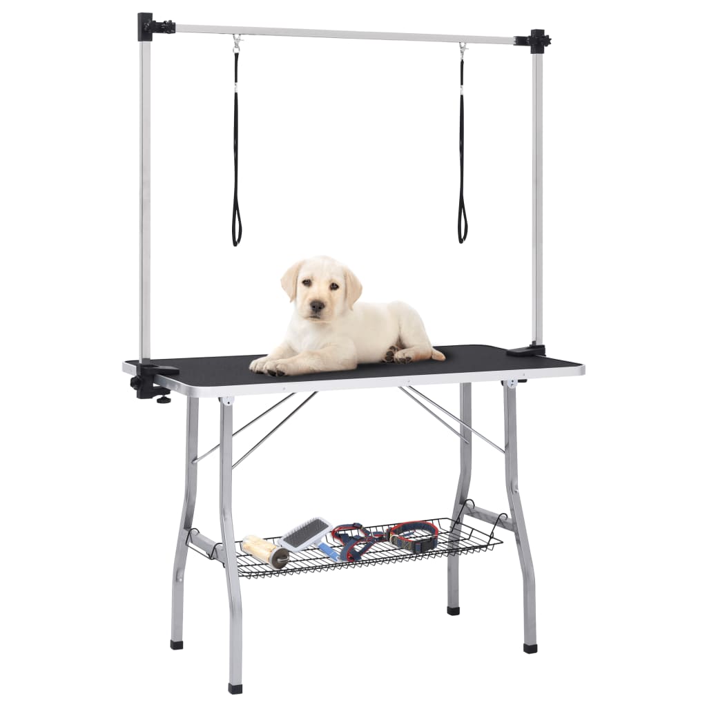 Table de toilettage pour chien réglable avec 2 boucles et étagère de rangement