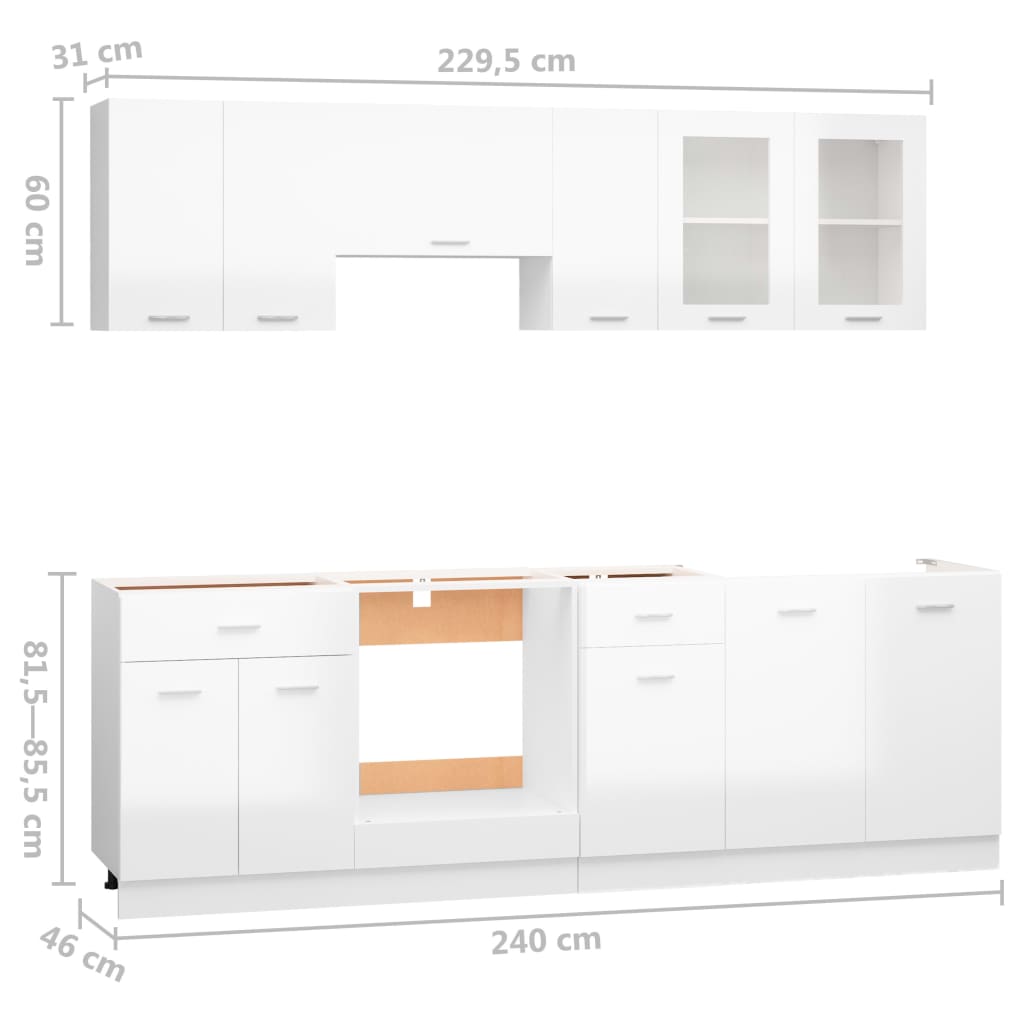 8-delige Keukenkastenset bewerkt hout wit