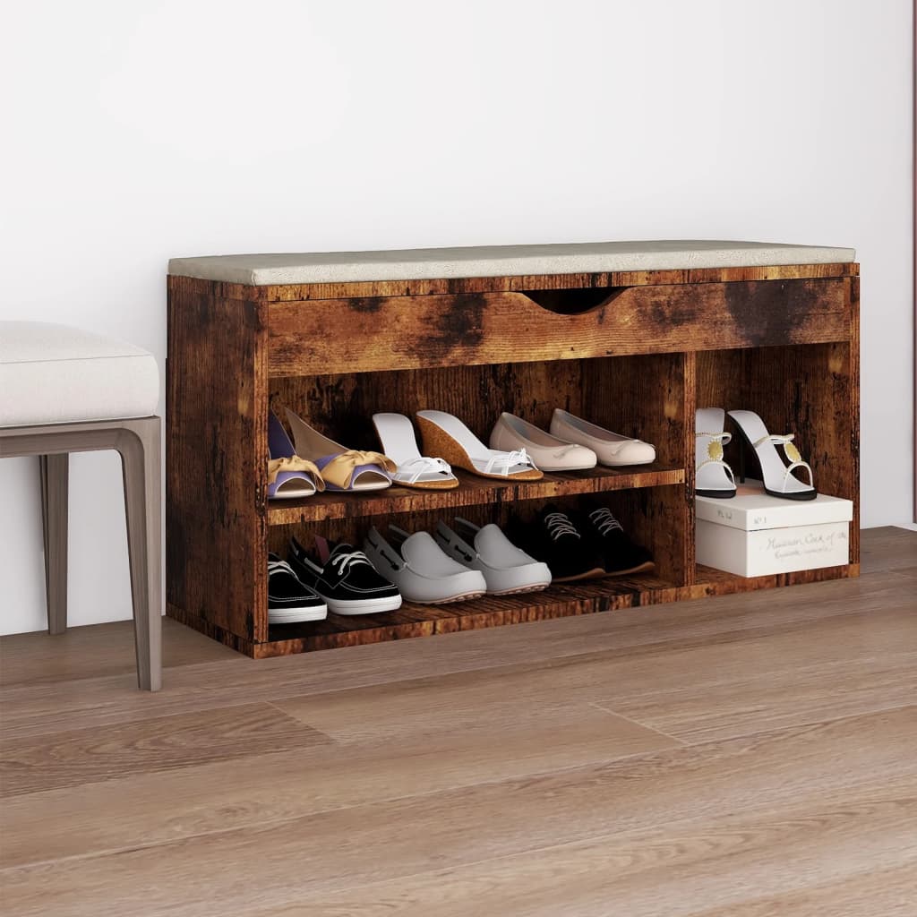 Banc à chaussures avec coussin 104x30x49 cm en bois travaillé