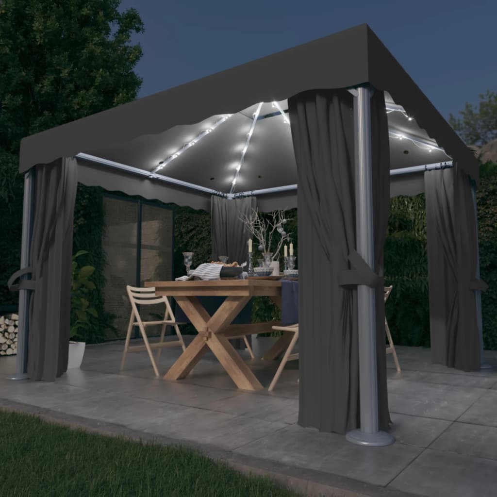 Tonnelle avec rideau et guirlande lumineuse LED 4x3 m anthracite