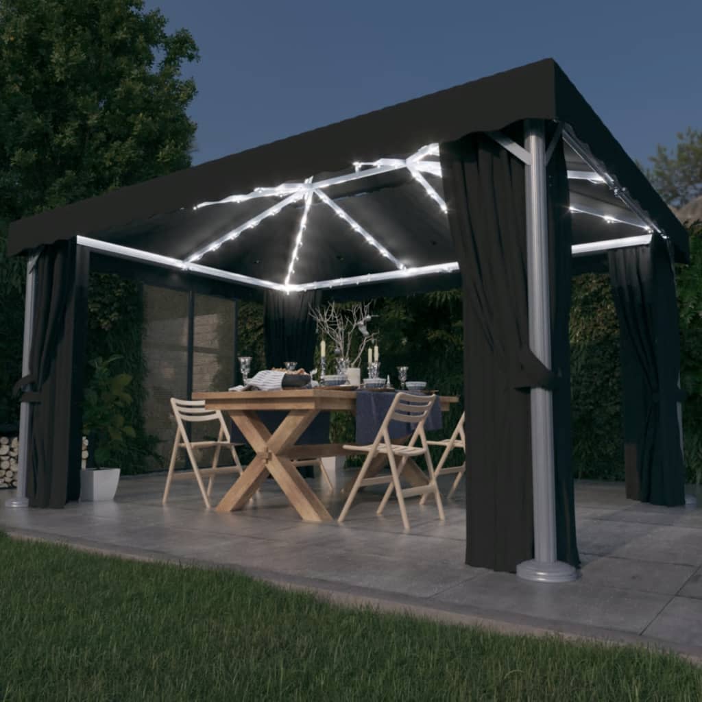 Tonnelle avec rideau et guirlande lumineuse LED 4x3 m anthracite