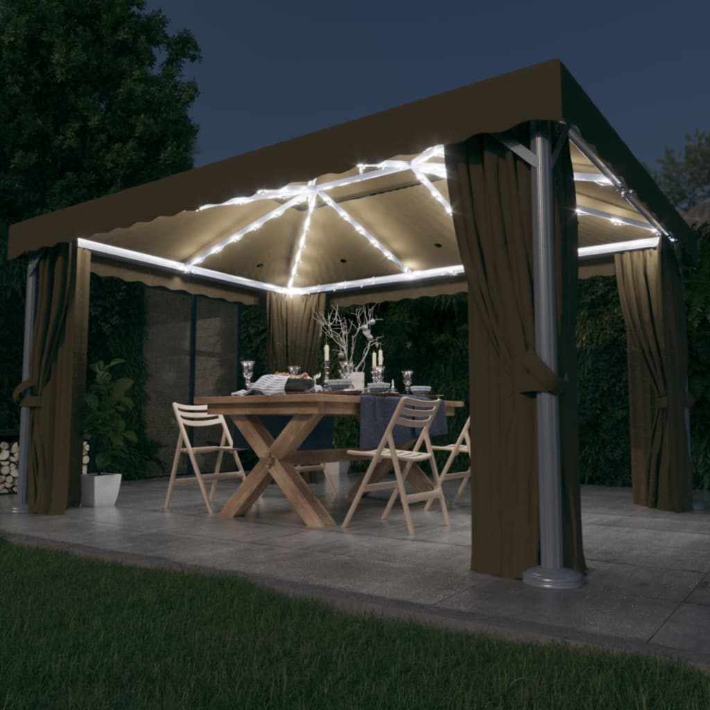 Tonnelle avec rideau et guirlande lumineuse LED 4x3 m anthracite