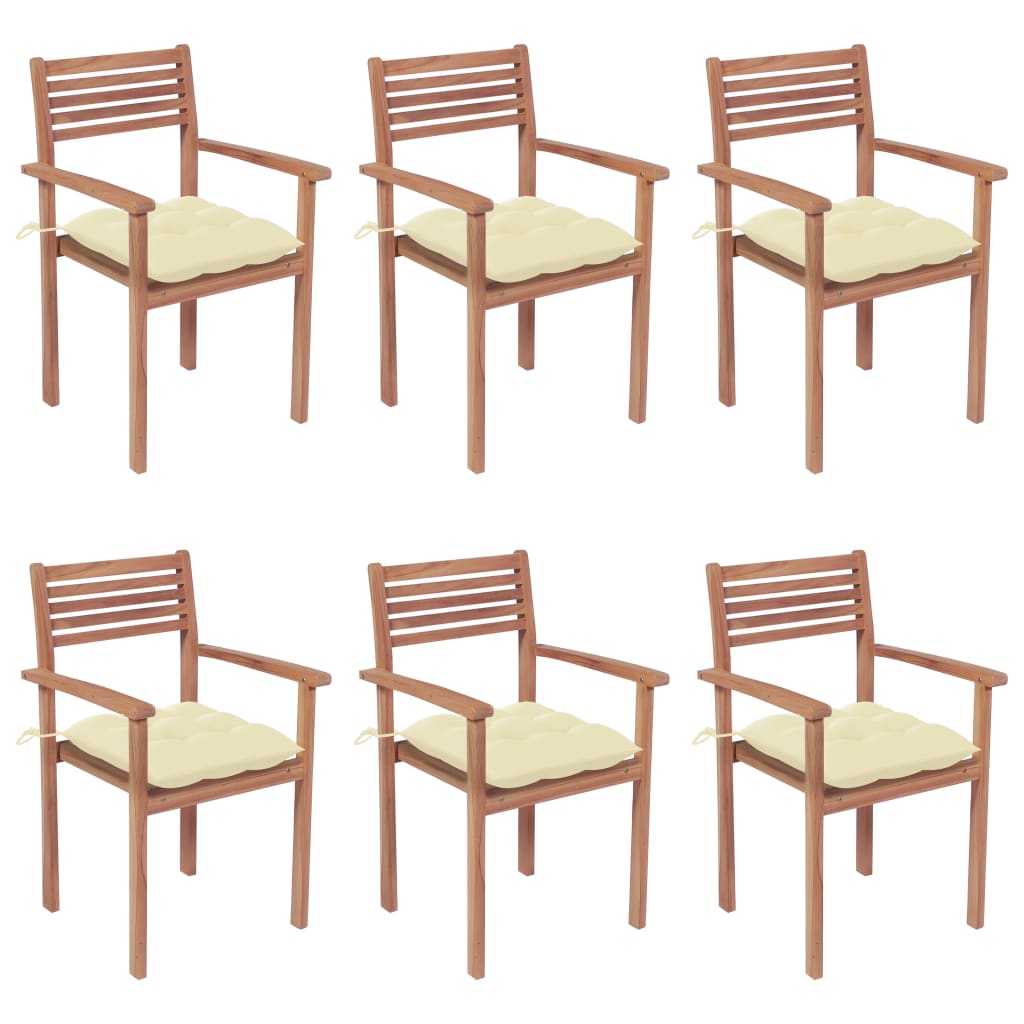 Chaises de jardin empilables 6 pcs avec coussins en teck massif