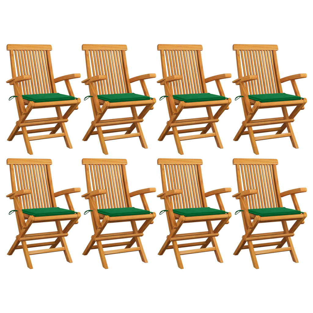 Chaises de jardin 4 pcs avec coussins verts en bois de teck massif