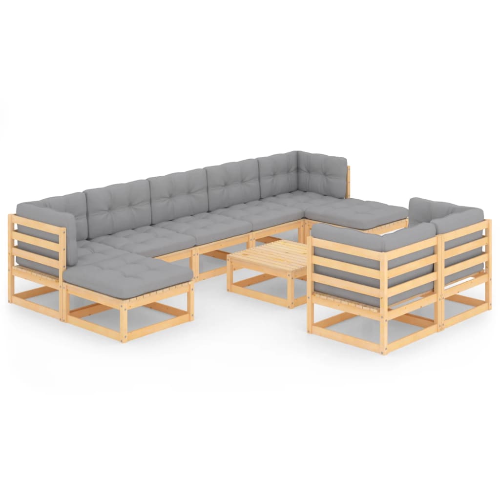 Ensemble lounge 10 pièces avec coussins en bois de pin massif, marron miel