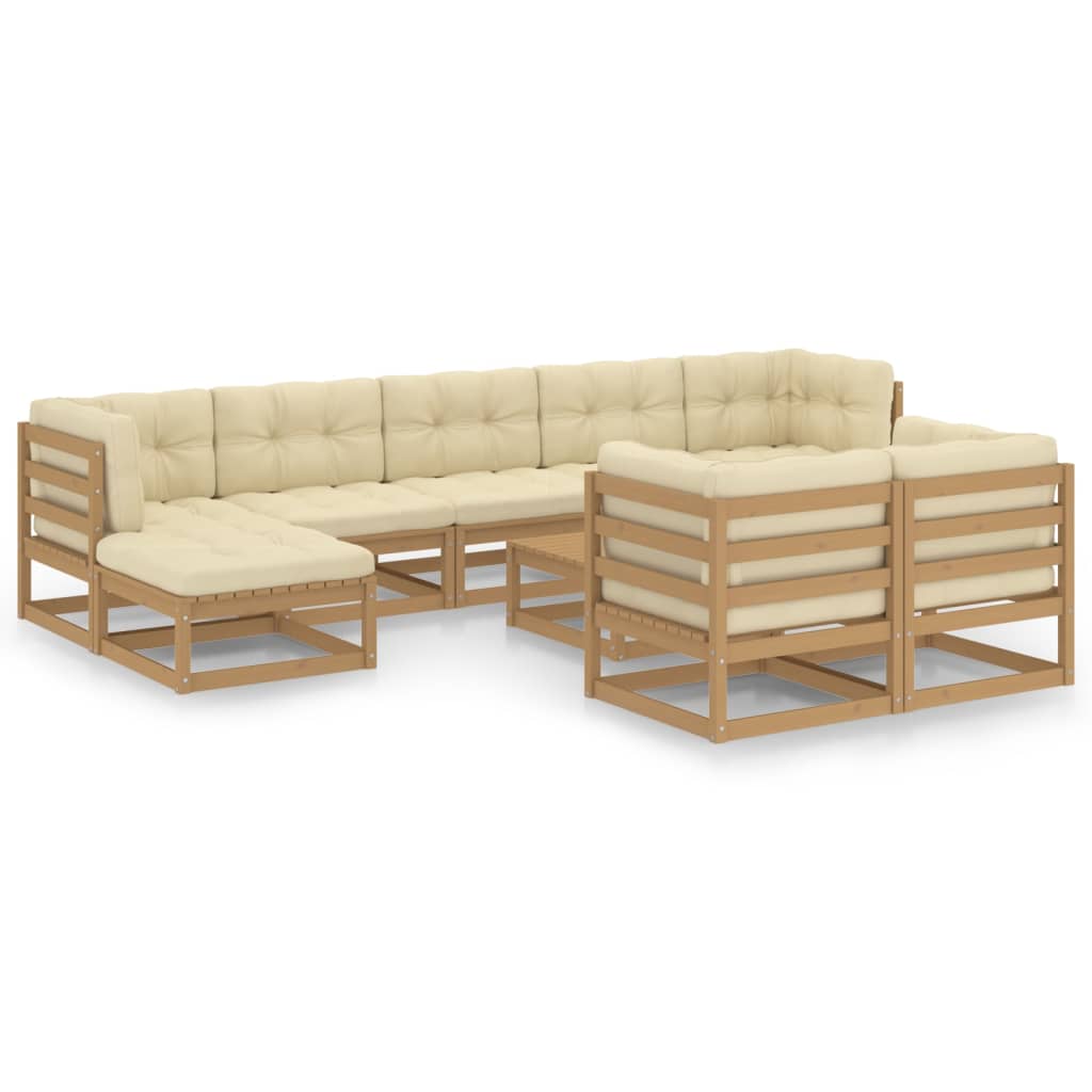 Ensemble lounge 10 pièces avec coussins en bois de pin massif, marron miel