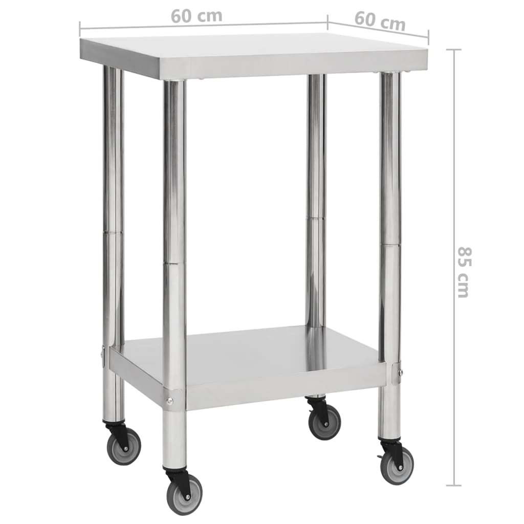 Table de travail de cuisine à roulettes 100x60x85 cm en acier inoxydable