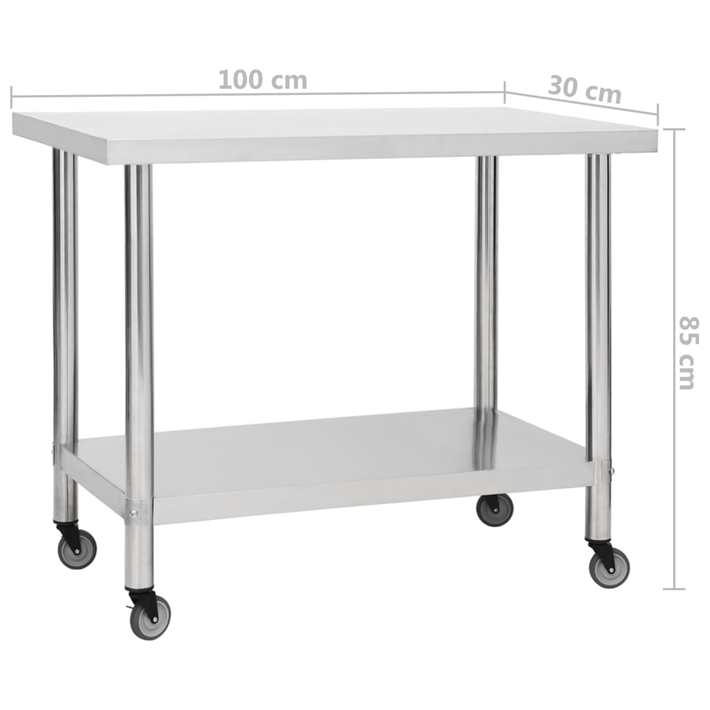 Table de travail de cuisine à roulettes 100x60x85 cm en acier inoxydable