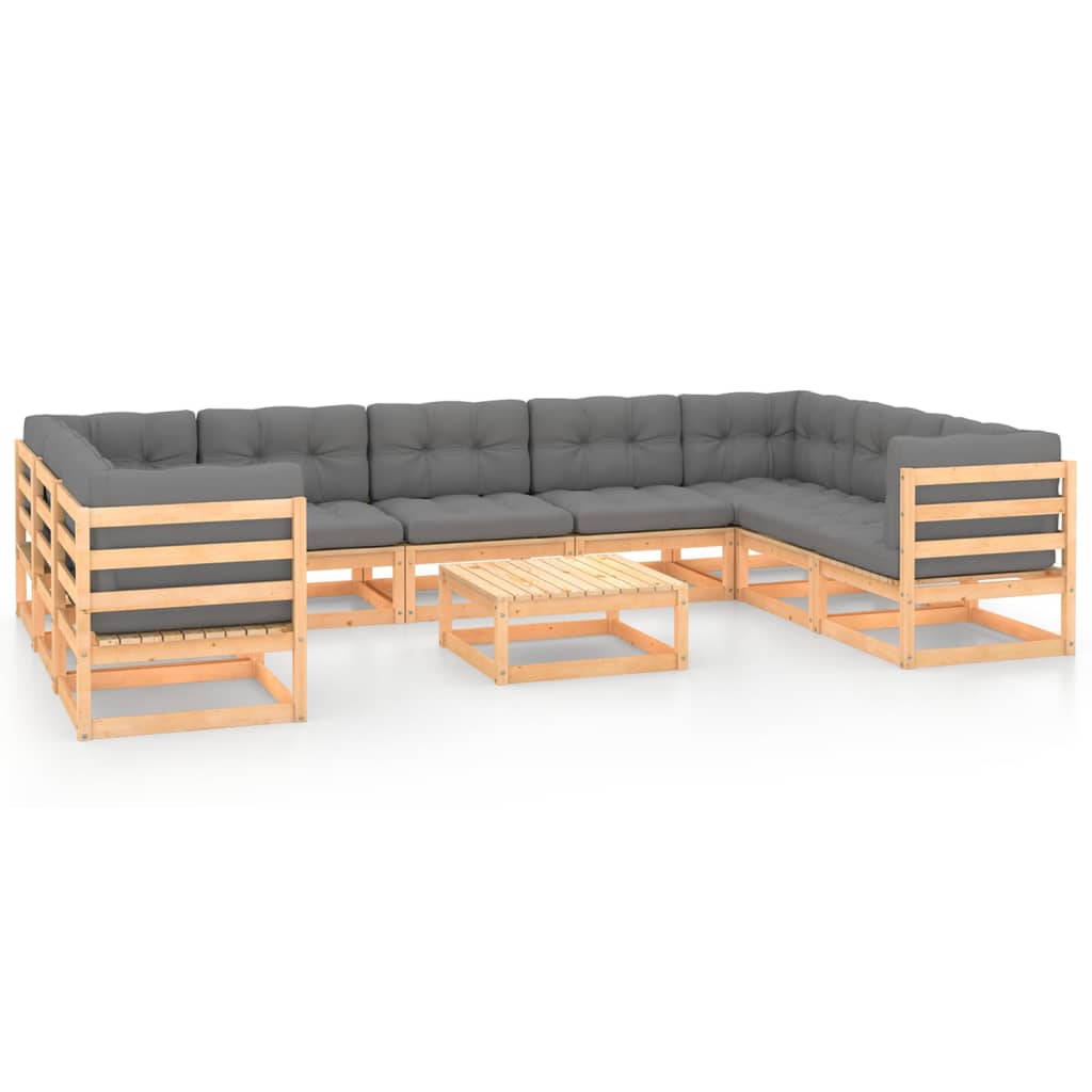 Ensemble lounge 10 pièces avec coussins en bois de pin massif, noir