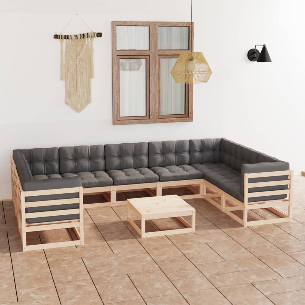 Ensemble lounge 10 pièces avec coussins en bois de pin massif, noir