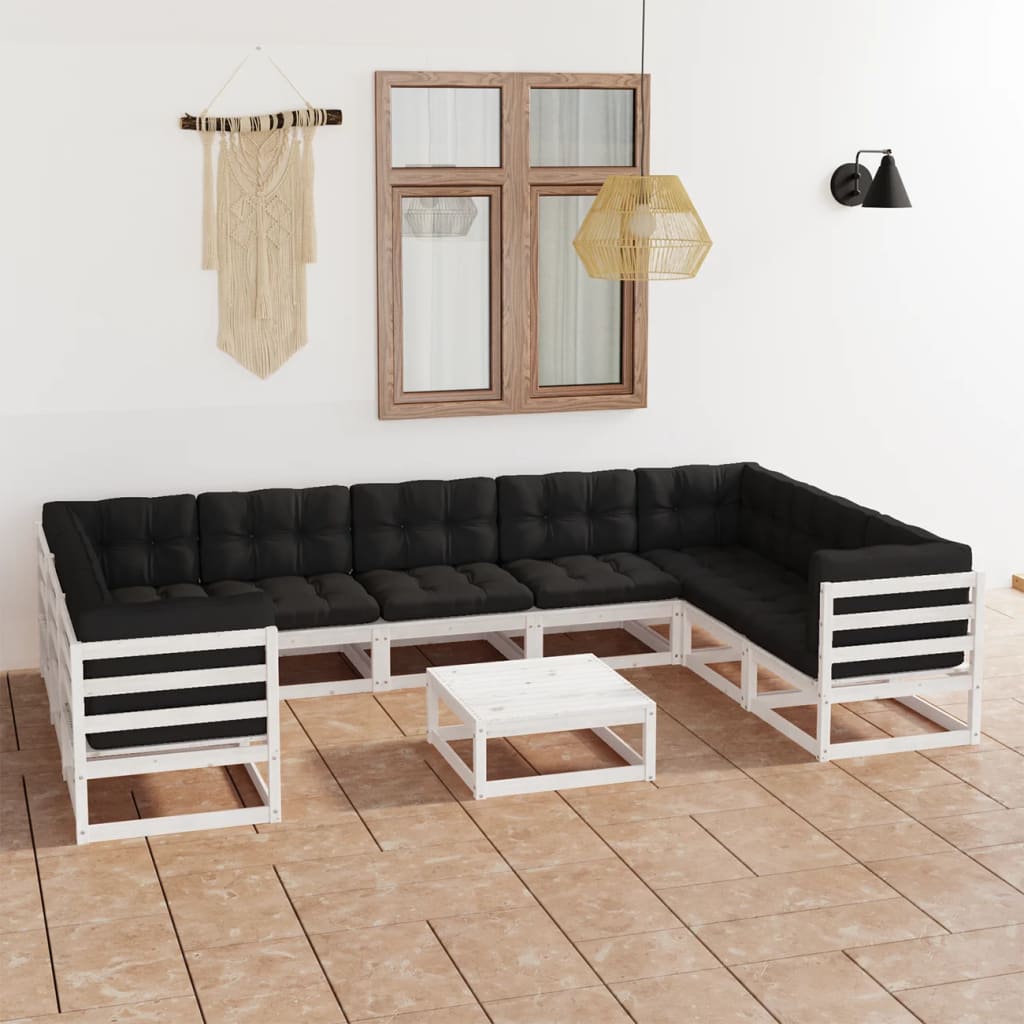 Ensemble lounge 10 pièces avec coussins en bois de pin massif, noir