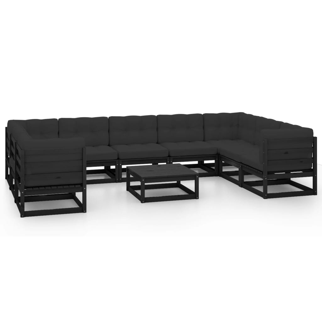 Ensemble lounge 10 pièces avec coussins en bois de pin massif, noir