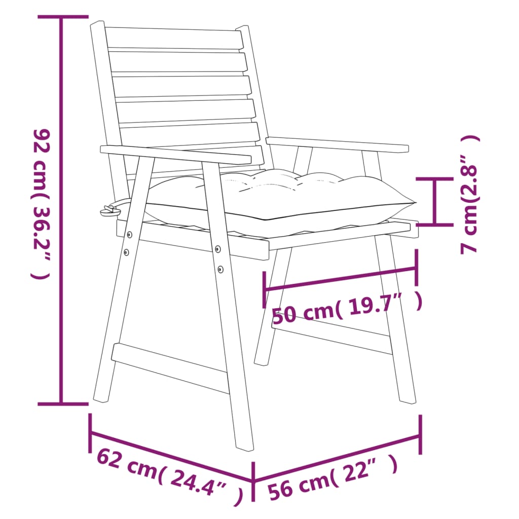 Chaises de jardin 3 pcs avec coussins en bois d'acacia massif