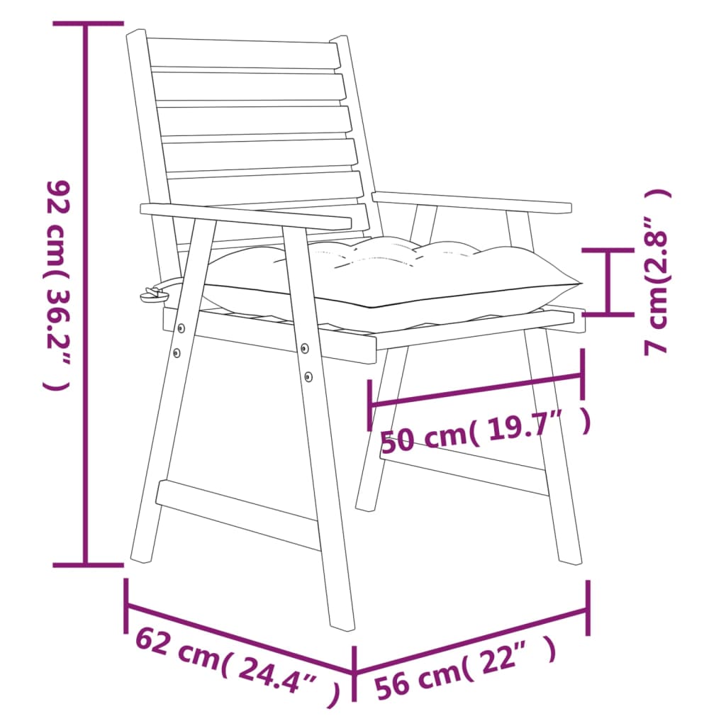 Chaises de jardin 3 pcs avec coussins en bois d'acacia massif