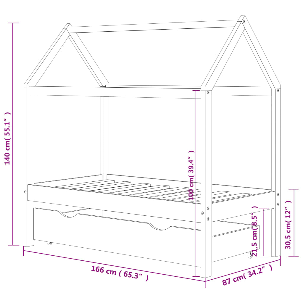 Kinderbedframe met lade grenenhout 80x160 cm