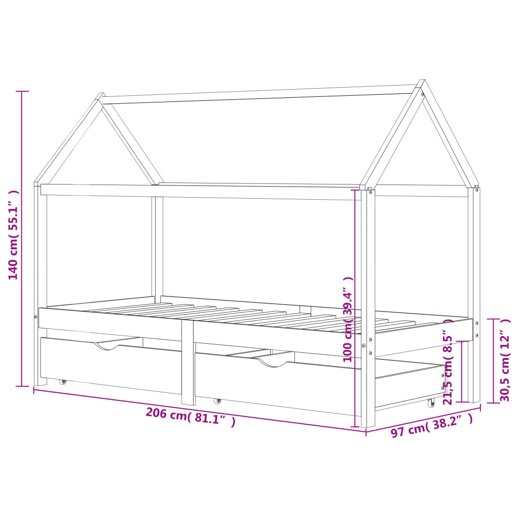 Kinderbedframe met lade grenenhout 80x160 cm