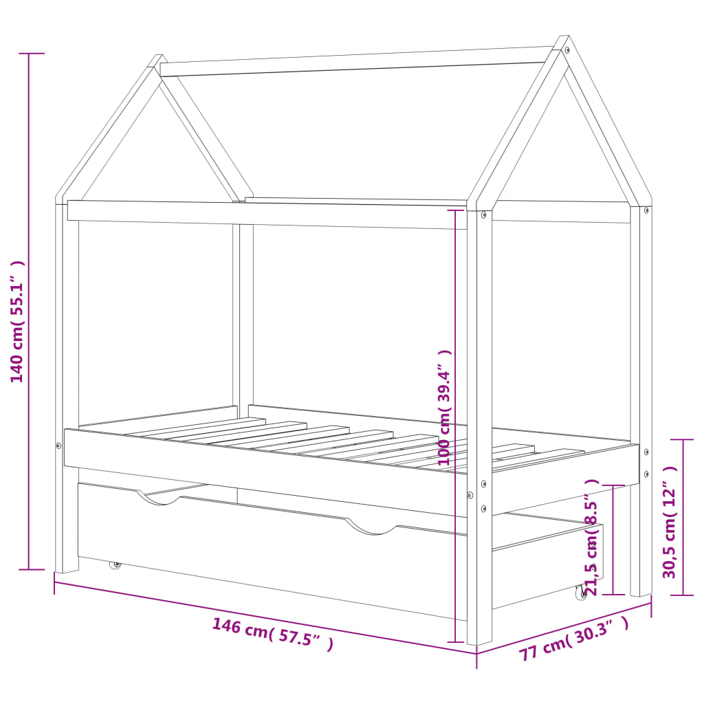 Kinderbedframe met lade grenenhout 80x160 cm