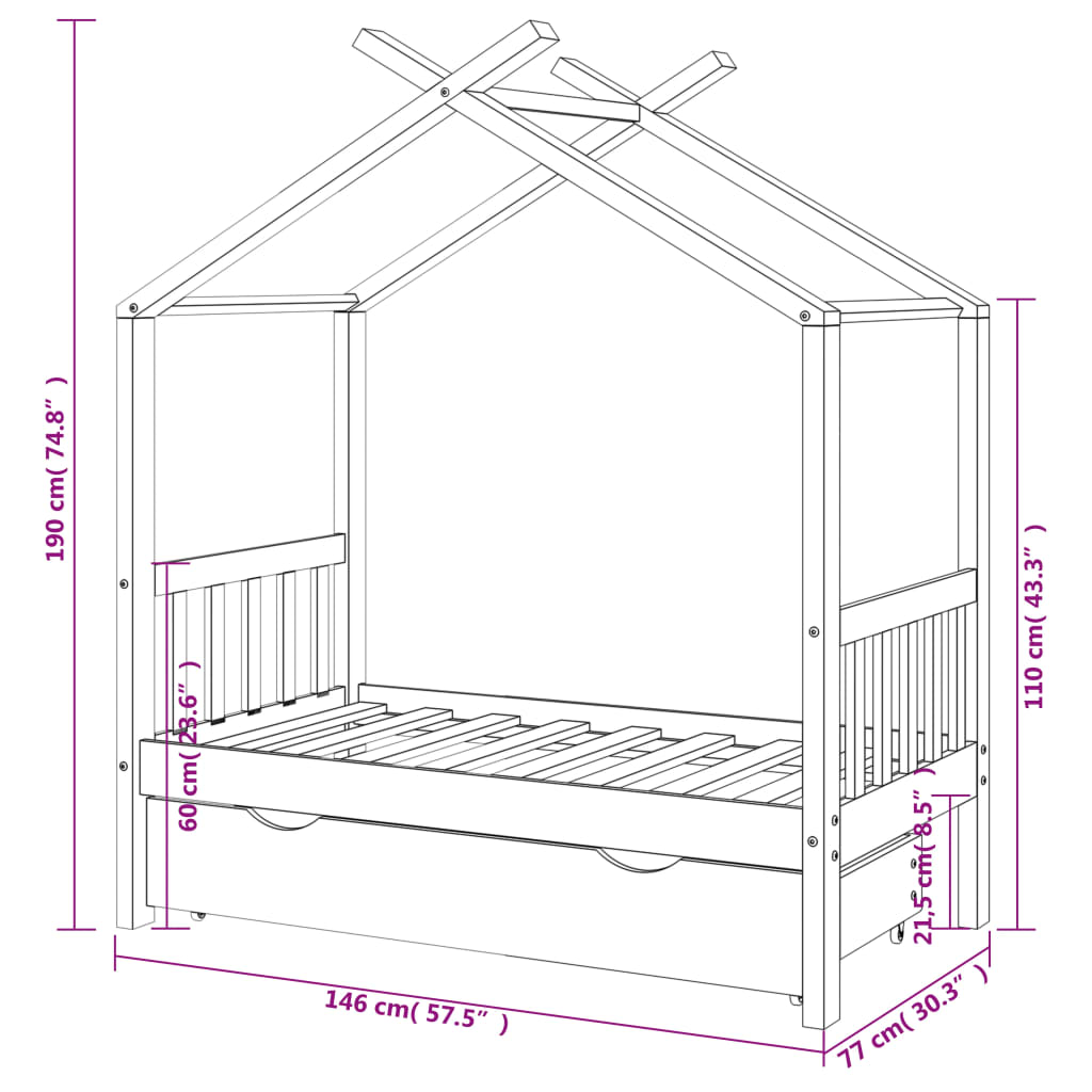 Kinderbedframe met lade grenenhout 70x140 cm