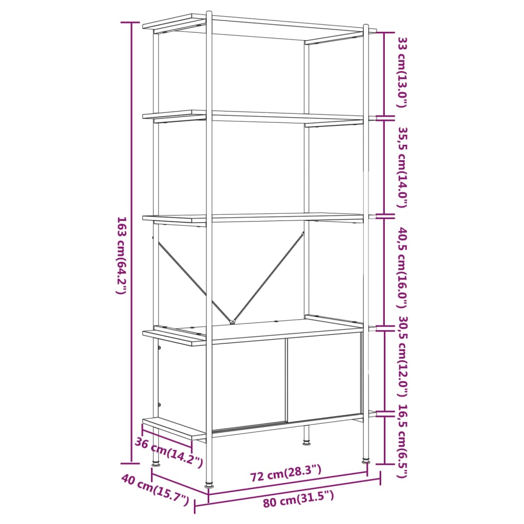 Etagère de rangement 5 niveaux avec placard 80x40x163 cm acier et dérivé du bois