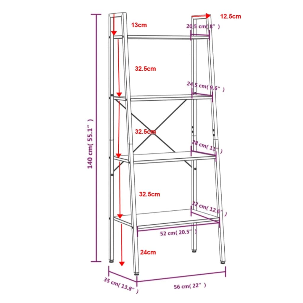 Ladderrek met 4 schappen 56x35x140 cm en