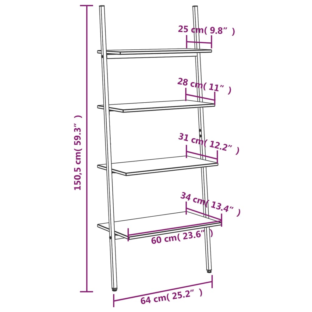 Ladderrek met 4 schappen 64x34x150,5 cm en