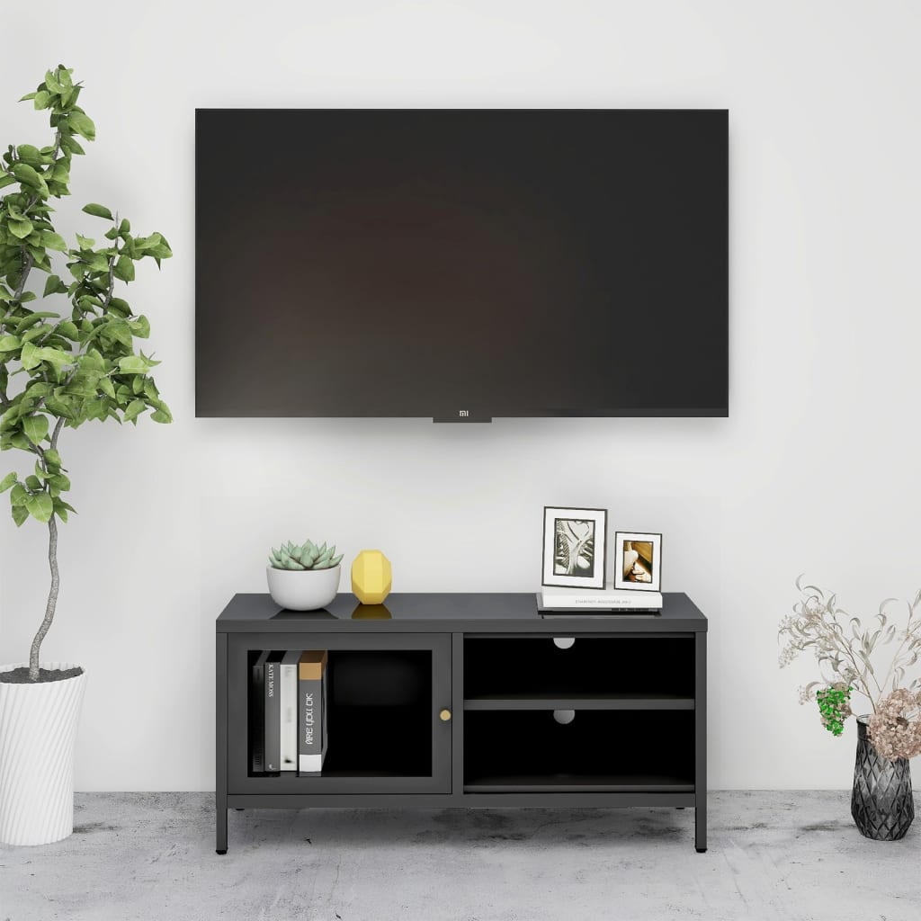 Meuble TV 90x30x44 cm acier et verre anthracite